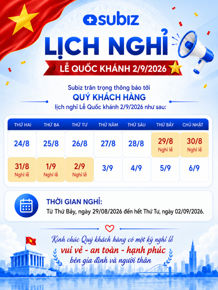 Subiz thông báo lịch nghỉ lễ Quốc Khánh 02/09 năm 2026